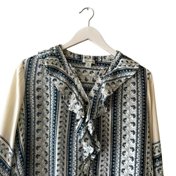 Sundance Blue White Coastal Bohemian Oversized Bell Sleeves Ruffles Floral SZ M - Picture 2 of 11